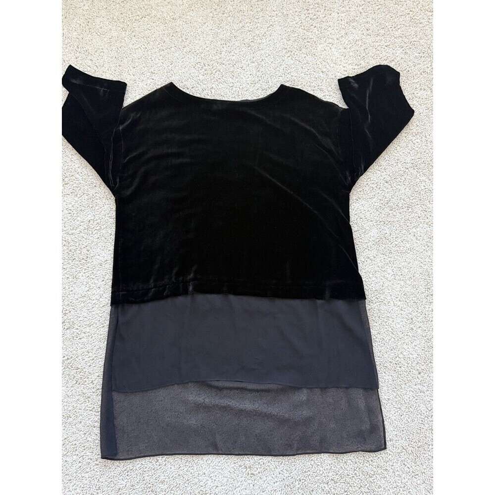 Eileen Fisher Bateau Neck Velvet BLACK Tunic Top Sheer Silk Hem Women’s S/P - Picture 4 of 8